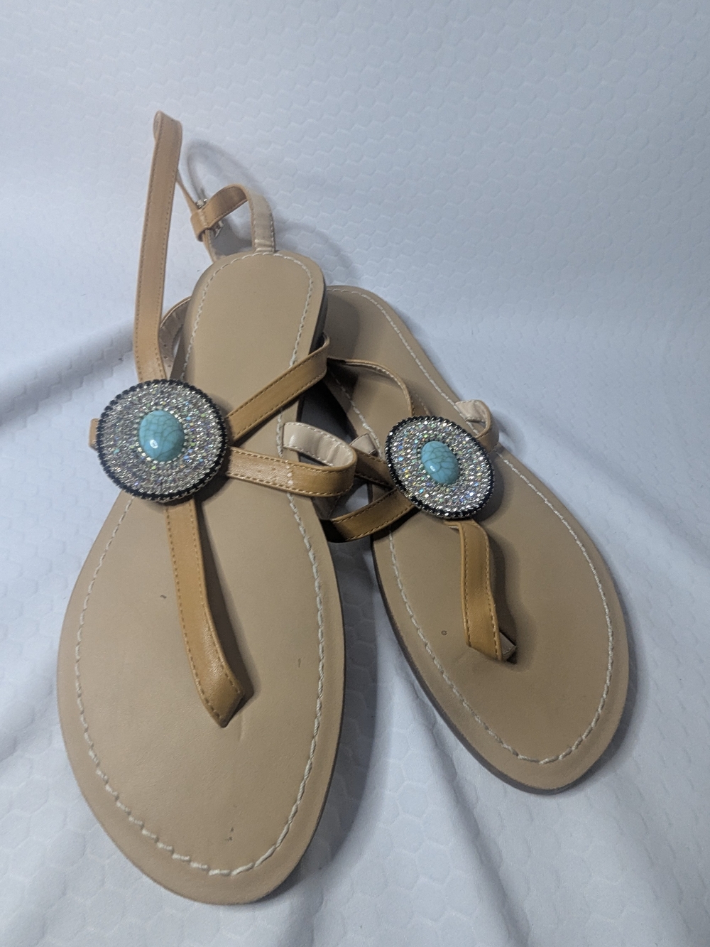 Beige T-Strap Sandals with Turquoise Accent